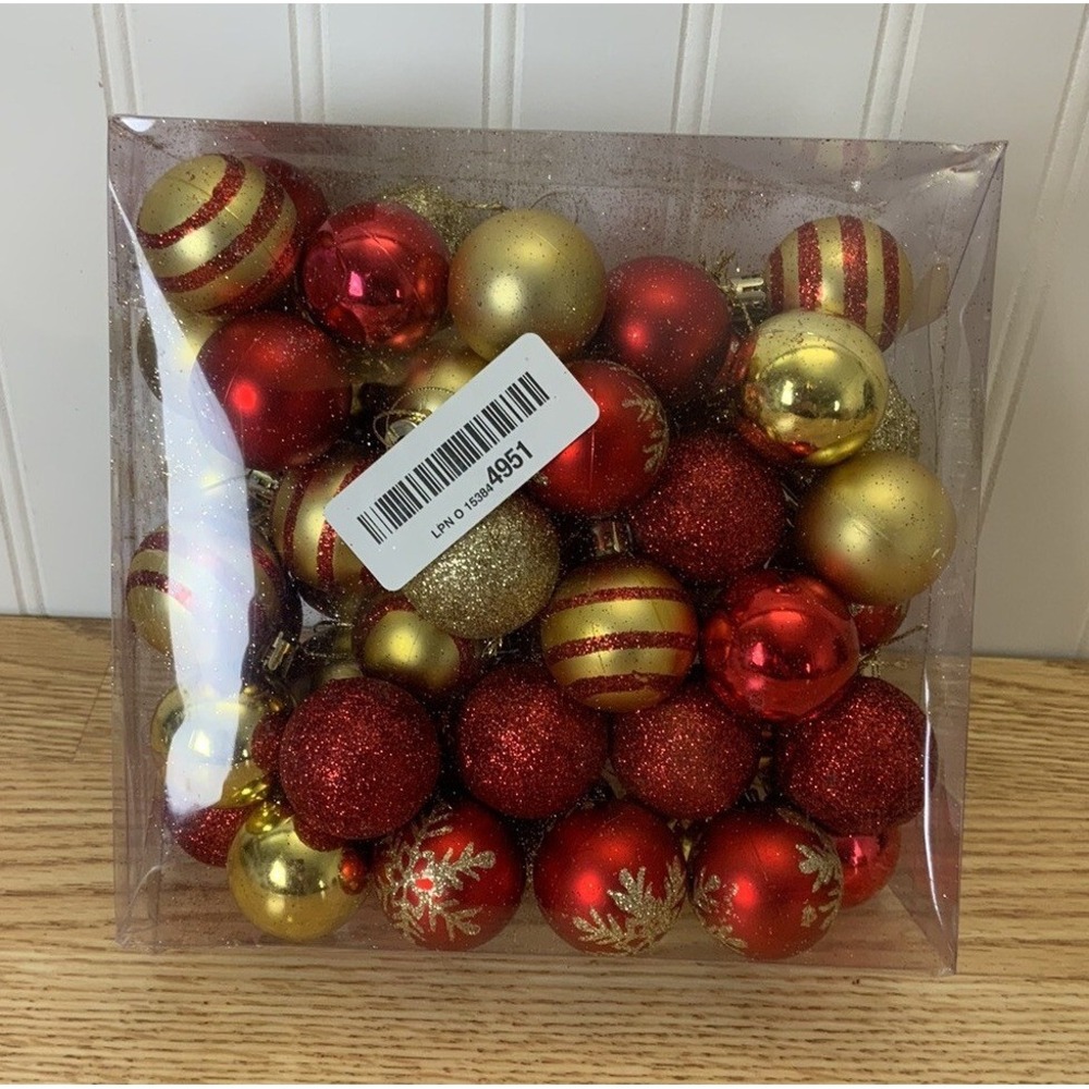 50 pc Christmas Ball Ornaments Red Gold Glitter 1.5"